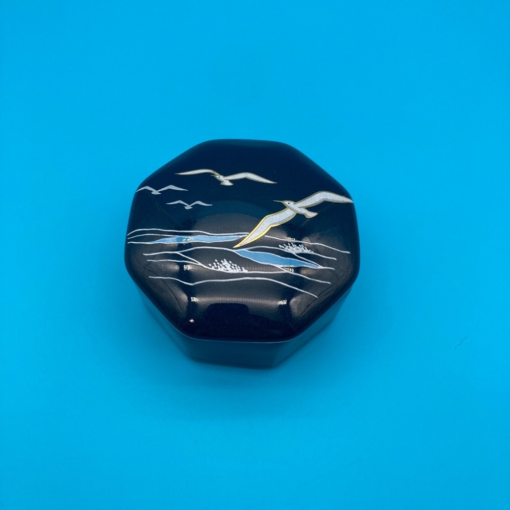 Vintage 1970s Otagiri Japan The Sea Ceramic Trinket Box Octagonal Blue Seagull